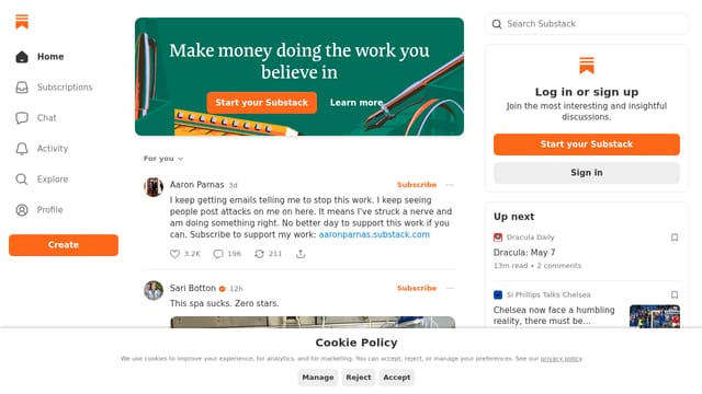 Substack homepage screenshot — Best newsletter platforms for paid subscriptions in 2026
